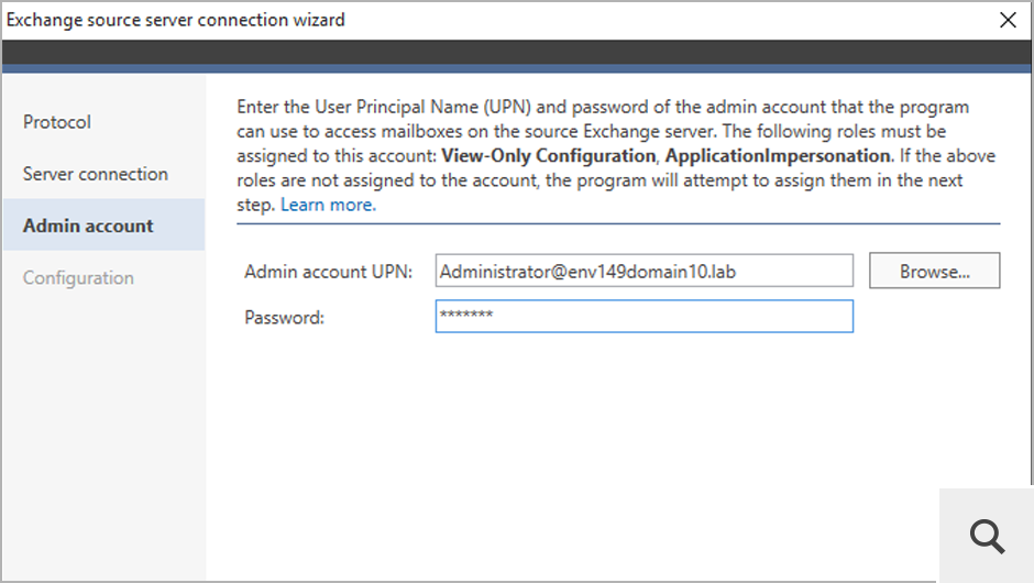 When connecting to on-premises Exchange, the program asks you to provide the UPN of an admin account that will be used to access your mailboxes. If this account lacks any permissions, the program will assign them automatically.