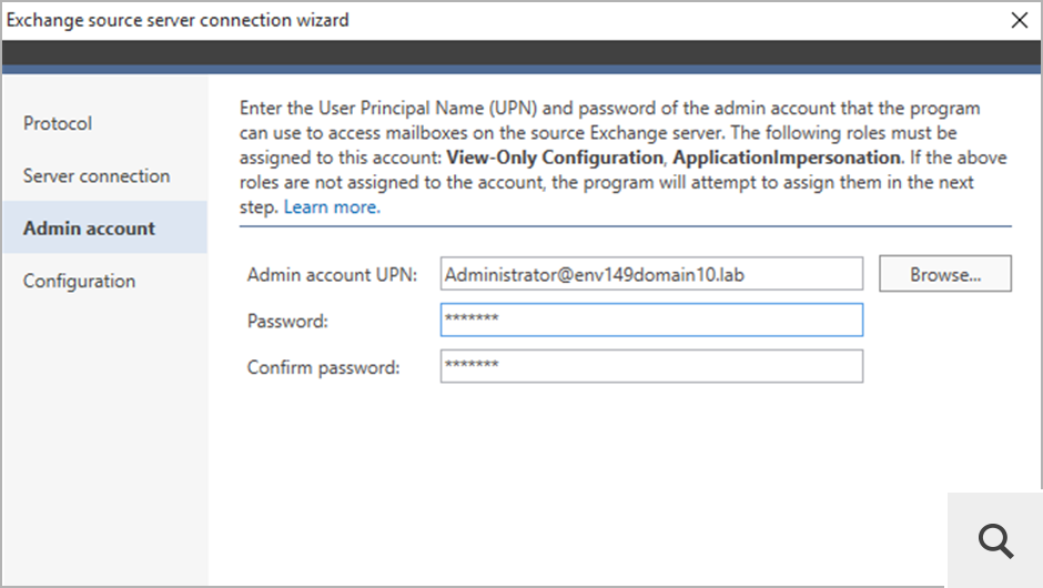 When connecting to on-premises Exchange, the program asks you to provide the UPN of an admin account that will be used to access your mailboxes. If this account lacks any permissions, the program will assign them automatically.