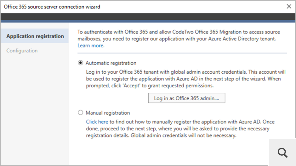 The program doesn’t store or use any credentials to connect to Office 365 (Microsoft 365). Instead, to establish the connection, CodeTwo Exchange Migration registers itself automatically in the Entra ID (Azure AD) of your source Office 365 tenant.