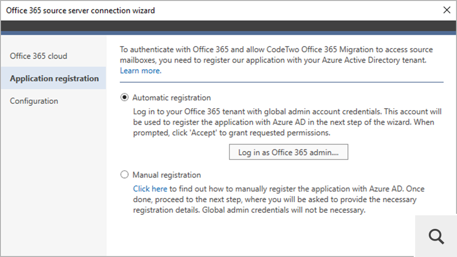 The program doesn’t store or use any credentials to connect to Office 365 (Microsoft 365). Instead, to establish the connection, CodeTwo Exchange Migration registers itself automatically in the Azure AD of your source Office 365 tenant.
