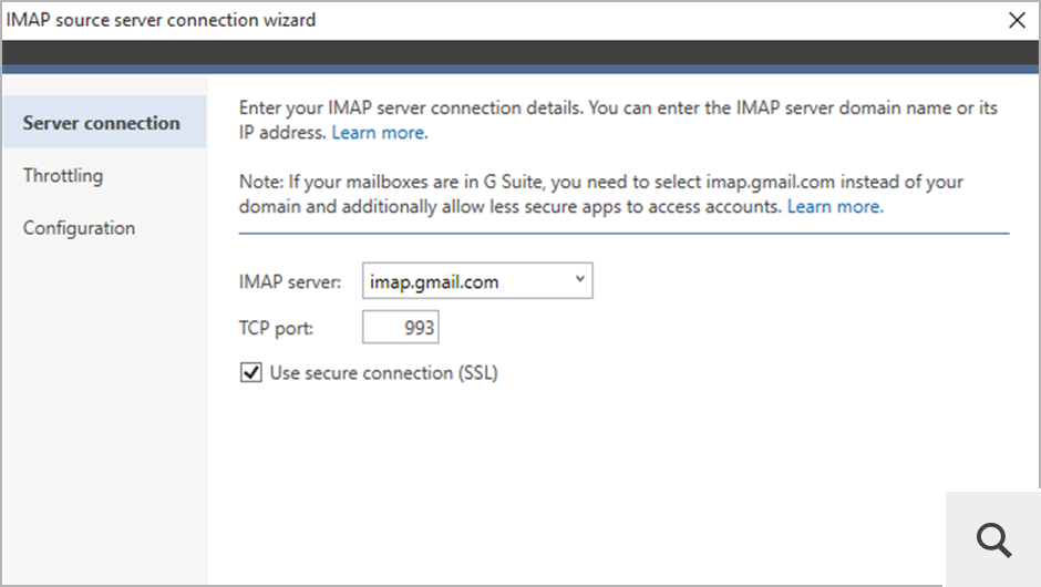 To connect to a source IMAP server, provide its address (or select it from the drop-down menu) and complete the remaining steps of the connection wizard.