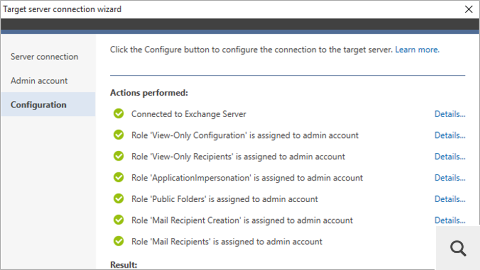 The server connection wizard goes through a checklist to verify your connection and check whether the migration will run smoothly. It also suggests possible configuration changes or improvements.