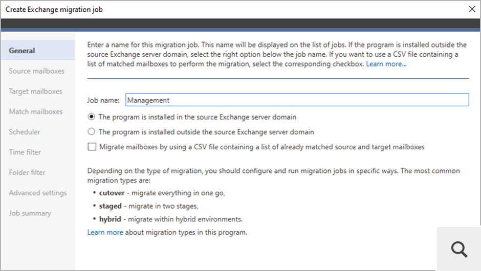 This is a migration job configuration wizard which will help you create a new migration task. The first steps require to select mailboxes for migration.