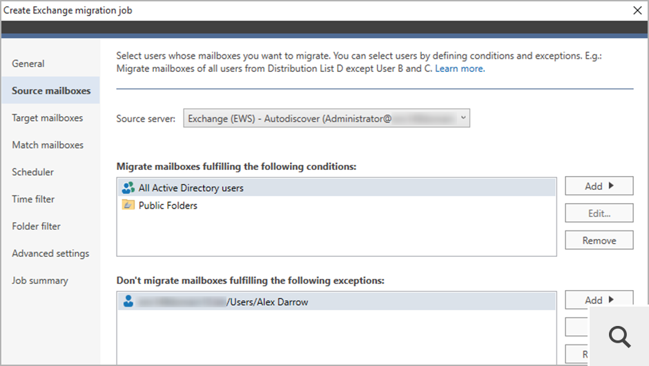 You have different options to choose from when adding mailboxes to your migration job. You can add e.g. all users, specific AD accounts, groups, OUs or use the Email address filter.