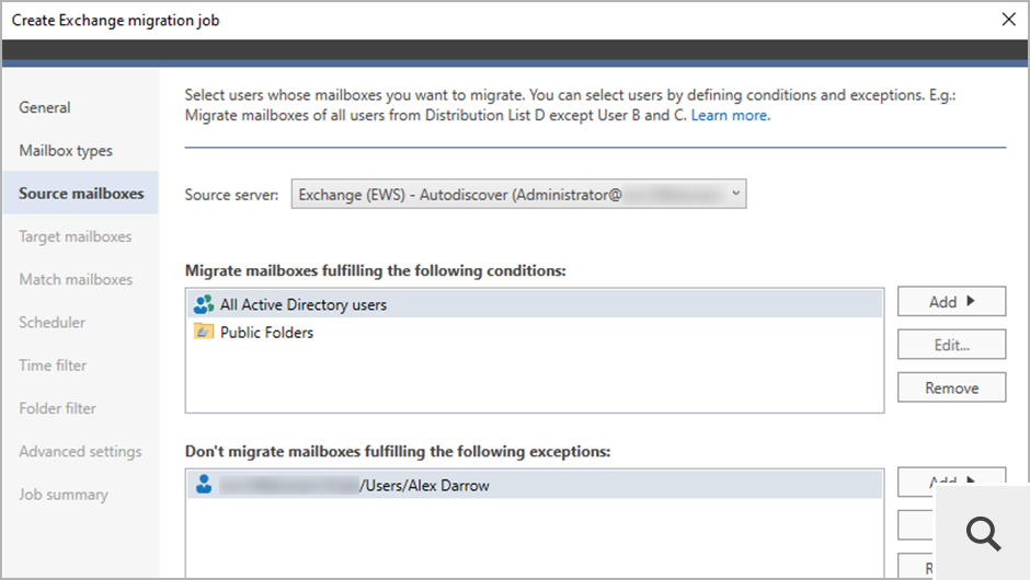 You have different options to choose from when adding mailboxes to your migration job. You can add e.g. all users, specific AD accounts, groups, OUs or use the Email address filter.