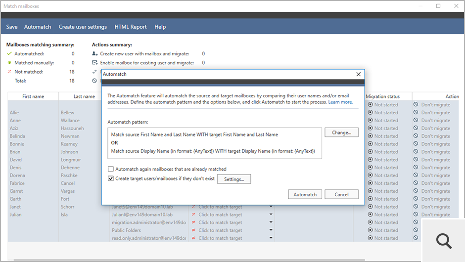 Once you have selected source mailboxes for migration, you can use the Automatch option to let CodeTwo Exchange Migration match them with mailboxes in your target organization.