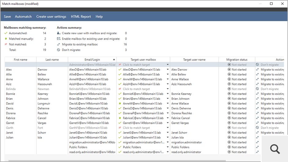 After the Automatch process completes, the Match mailboxes window displays a short summary with information about actions that will be performed once the migration starts. You can modify these actions before saving the settings.