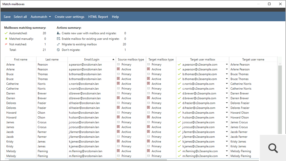 After the Automatch process completes, the Match mailboxes window displays a short summary with information about actions that will be performed once the migration starts. You can modify these actions before saving the settings.