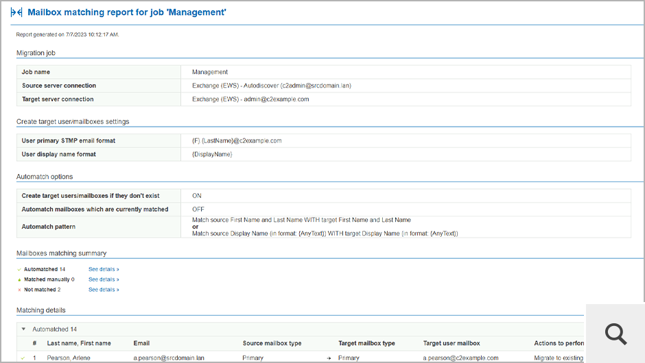 You can generate a detailed report on the mailbox matching process to see, for example, which mailboxes could not be automatically matched.