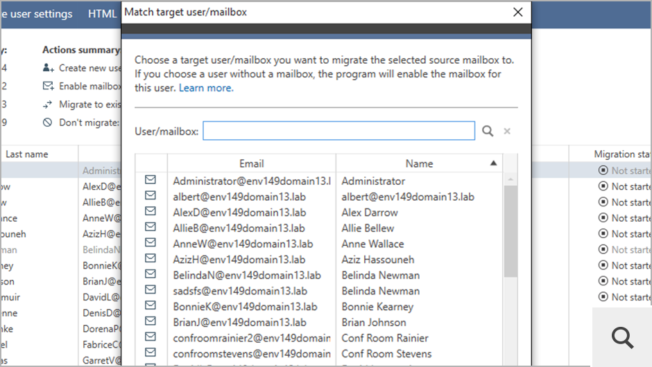 The program lets you match source and target mailboxes manually if you decide not to use the Automatch option, if mailboxes could not be matched automatically, or if you wish to, e.g., migrate source primary mailboxes to target archive mailboxes (or vice versa).