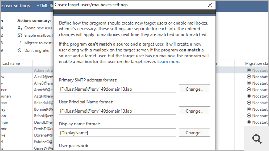 You can also create primary mailboxes on your target server directly in the program. This is what the default settings of the Create target users/mailboxes wizard look like. You can modify these settings according to your needs.