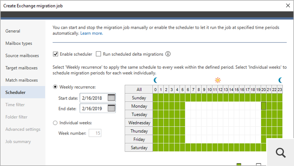 The built-in scheduler lets you schedule when the migration is supposed to be automatically triggered during the week. It can also run automatic delta migrations.