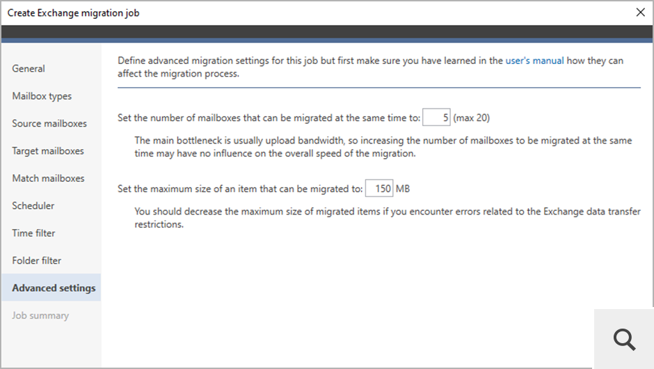In the Advanced settings step of the wizard, the administrator can decide e.g. how many mailboxes can be migrated at the same time.