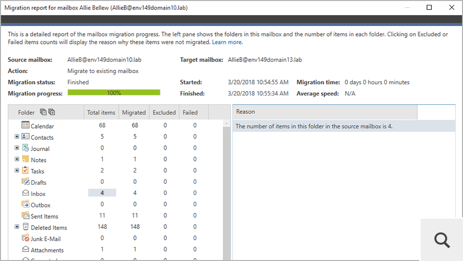 If you want, you can create and view reports directly in the program. For example, the in-depth mailbox migration report shows the migration status for the selected mailbox only.