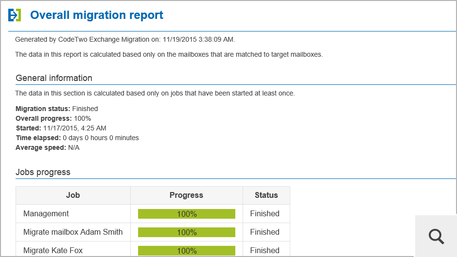 It is also possible to monitor the overall migration process by generating reports that contain information on all your migration jobs.