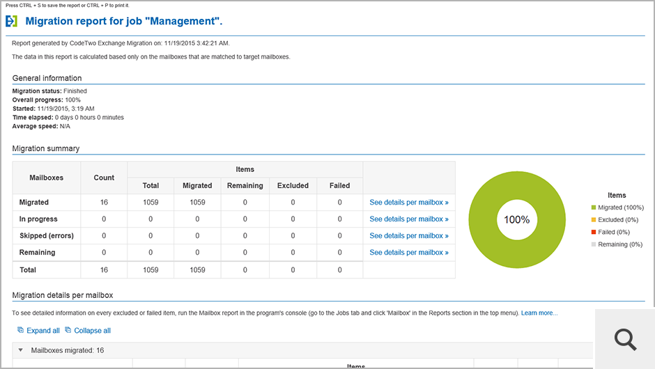 If you want to get more information about the migration process performed within a single job, you can generate the job migration report.