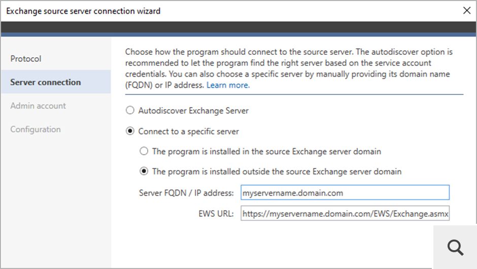 Before you configure a migration job, you need to connect to your source and target environments using dedicated server connection wizards. They’re very easy to use – the wizard guides you through each step and lets you configure the connection automatically or manually.