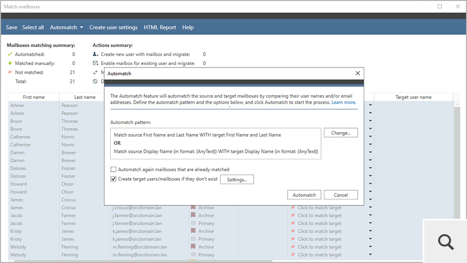 Once you have selected the source mailboxes for migration, you can use the Automatch option to let CodeTwo Exchange Migration match them with mailboxes in your target organization. You can use a predefined matching pattern or create your own custom algorithm based on some of the Active Directory attributes.