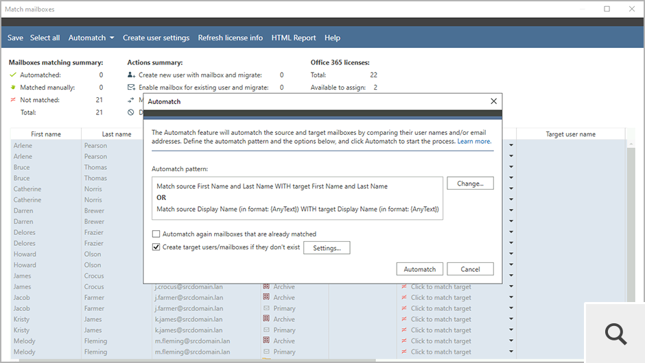 The program’s mailbox matching mechanism lets you automatically match source mailboxes with their target counterparts. You can also define a custom pattern according to which mailboxes should be matched. Your pattern can be based on several Active Directory / Entra ID attributes.