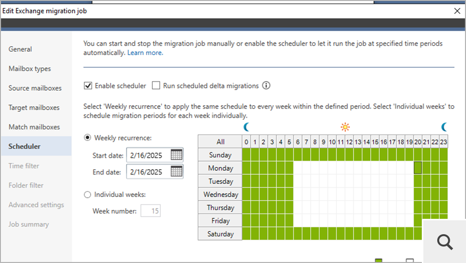The built-in scheduler lets you configure the migration job to run automatically. If you enable this option, you can specify when it should start and stop during the week. It can also perform automatic delta migrations.