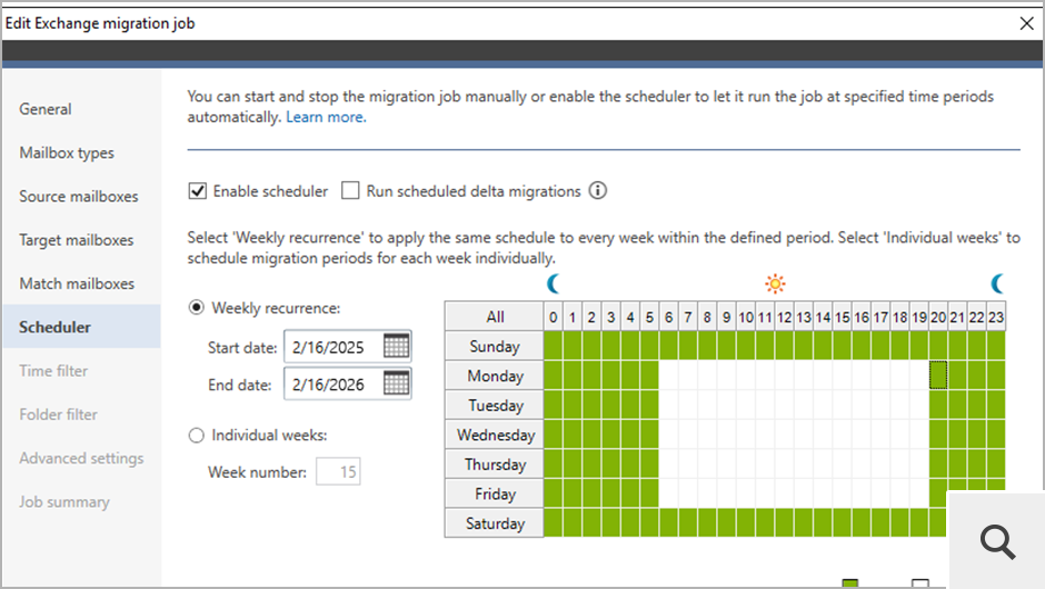 The built-in scheduler lets you automate the entire migration process. It can start and stop your jobs at specific times or run recurring delta migrations.
