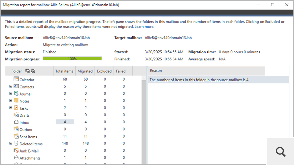 You can enable email reports to receive migration progress updates in your inbox, or view reports directly in the program. For example, the in-depth mailbox migration report shows the migration status of a single mailbox, while the overall migration report provides information about all your migration jobs.