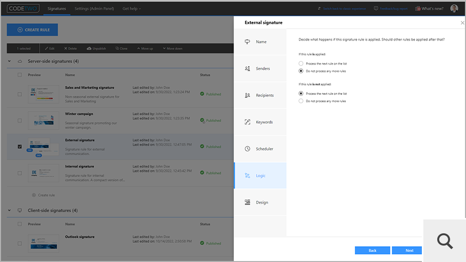 In the Logic step of a server-side signature rule, you can define whether the next rule on the list should be processed if a particular rule is (or is not) applied.