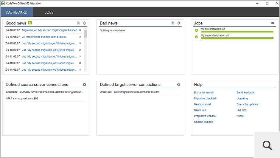 The Dashboard tab shows the progress of your migration jobs and all program’s notifications (good and bad news). This is also where you can configure both source and target server connections and check your licensing information.