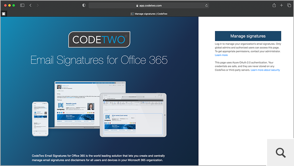 Log in at app.codetwo.com to create signature rules (server-side and client-side) and design your email signature templates.