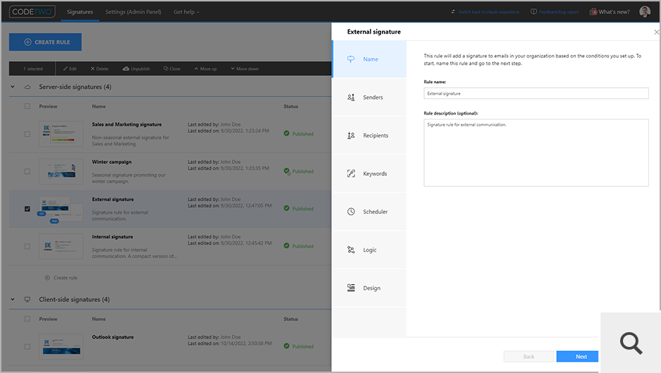 In the Name step, you can provide general information about your email signature rules.