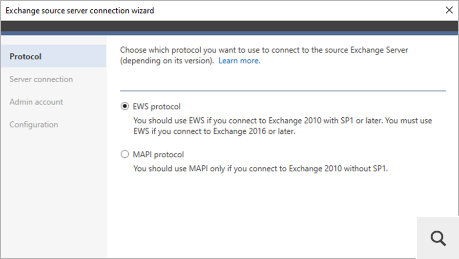 Before you configure a migration job, you should connect to your source and target environments by using dedicated server connection wizards. When connecting to an on-premises Exchange server, you can choose which protocol should be used for that purpose: EWS or MAPI.