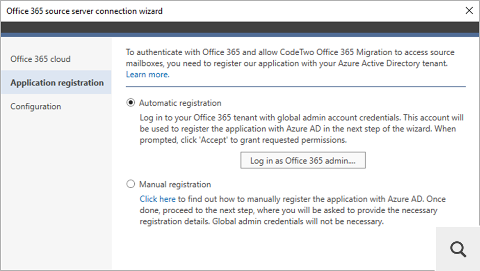 To connect to source or target Office 365 (Microsoft 365), CodeTwo Office 365 Migration is registered in the Microsoft Entra ID (Azure Active Directory) of each tenant that will be used in the migration process.