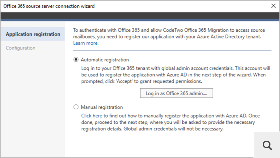 To connect to source or target Office 365 (Microsoft 365), CodeTwo Office 365 Migration is registered in the Microsoft Entra ID (Azure Active Directory) of each tenant that will be used in the migration process.