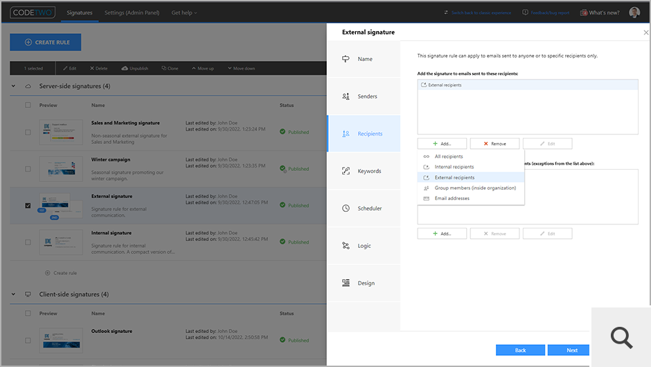 In addition, server-side email signatures can be added to all outgoing emails or only to internal or external messages.