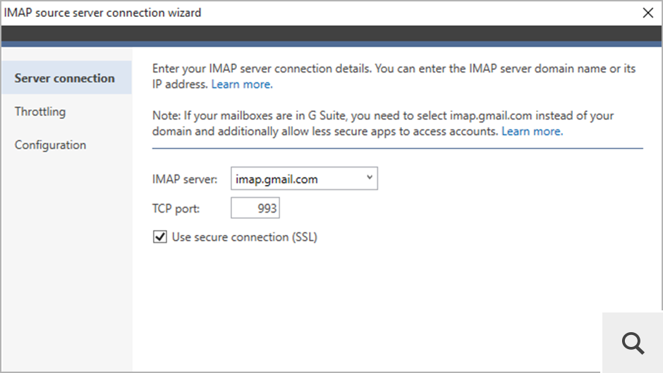 You can also use an IMAP server as the source of the migration. To do this, type in your server's address (or choose it from the drop-down menu) and complete the wizard.