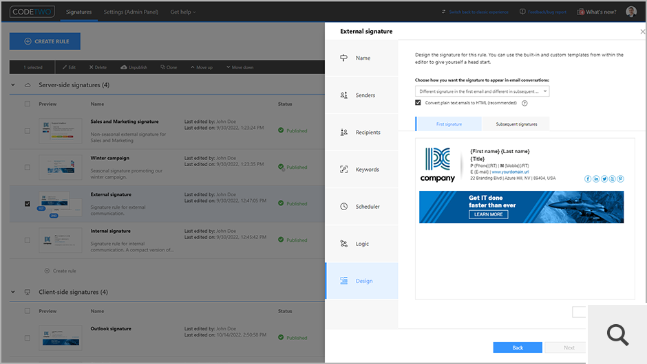 In the Design step, you can access the signature template editor to choose one of the predefined signatures or to create your own template.