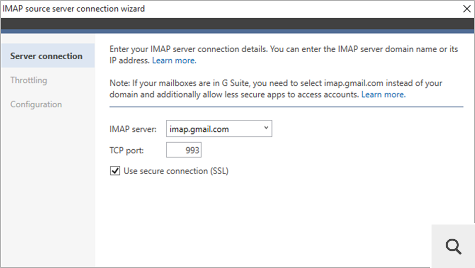 You can also use an IMAP server as the source of the migration. To do this, type in your server's address (or choose it from the drop-down menu) and complete the wizard.