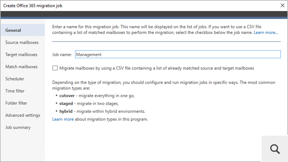 A migration job wizard allows you to choose source and target servers, select users for migration and apply various filters.