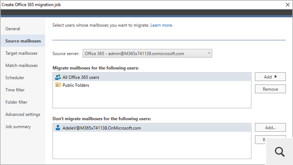 In the Source mailboxes step of the migration job wizard, specify which mailboxes should be migrated. You can also select Exchange public folders.