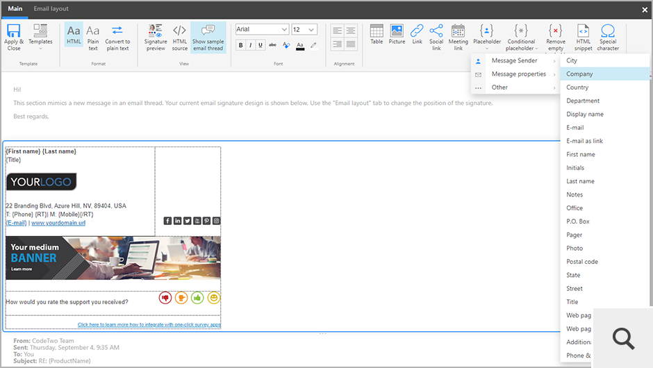 CodeTwo Email Signatures 365 comes with a WYSIWYG signature template editor that lets you easily design email signature templates in HTML and then convert them to the plain text format.