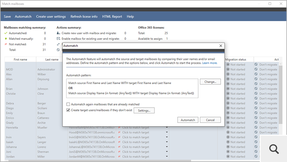 The program’s mailbox matching mechanism lets you automatically match source mailboxes with their target counterparts.