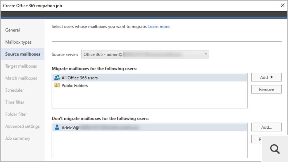 In the Source mailboxes step of the migration job wizard, specify which mailboxes should be migrated. You can also select Exchange public folders.