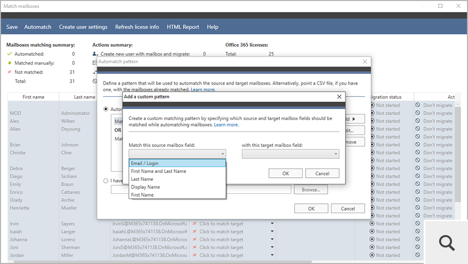 You can also define a custom pattern according to which mailboxes should be matched. Your pattern can be composed using several Active Directory attributes.