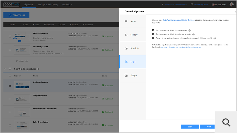 In the case of client-side signature rules, the Logic step allows you to define which signature should be set as default for new messages and replies/forwards.