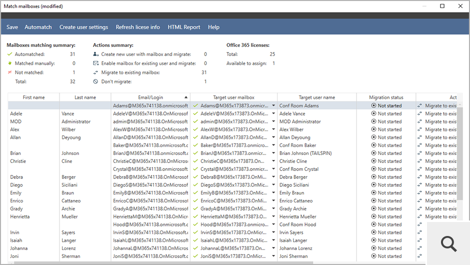 After the mailbox matching is completed, the program displays a short status report of the process.