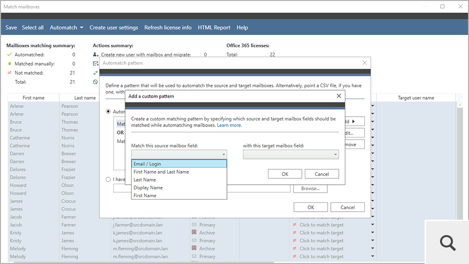You can also define a custom pattern according to which mailboxes should be matched. Your pattern can be composed using several Active Directory attributes.