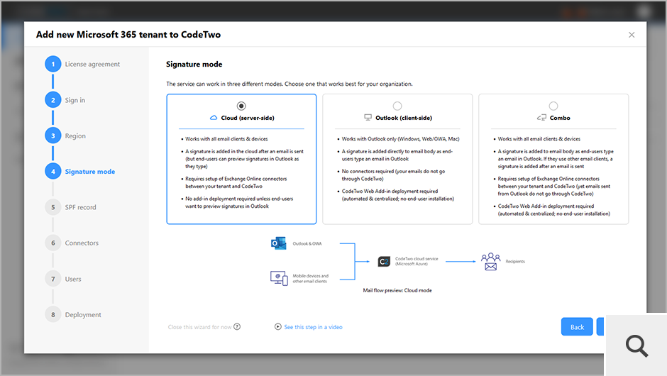 You can also select 1 of 3 signature modes in which the program will operate: cloud (server-side), Outlook (client-side) and combo.