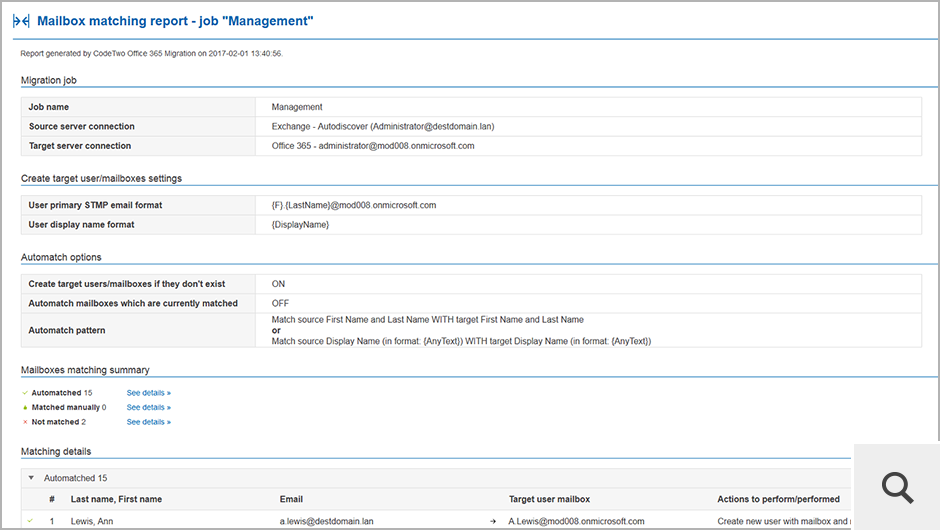You can also generate a detailed HTML report that shows the result of the matching process and informs what actions have been performed. The report also includes information about the selected settings for the Automatch option.