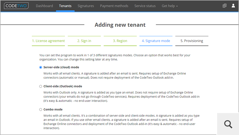 You can also select 1 of 3 signature modes in which the program will operate: server-side, client-side and combo.