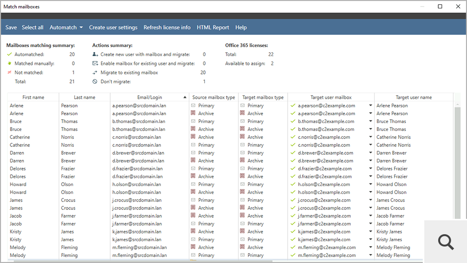 After the mailbox matching is completed, the program displays a short status report of the process.